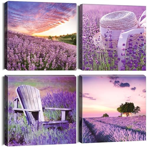 Artscope 4 Teilig Leinwandbilder mit Lila Lavendel Motiv Kunstdruck - Moderne Wandbild für Badezimmer Wohnzimmer Wanddekoration - 30 x 30 cm