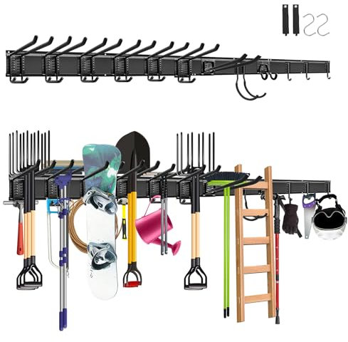 Mimoke Supporto da parete per garage e giardino - 4 binari, 12 ganci versatili, lunghezza totale 162 cm, robusto e ideale per attrezzi da giardino