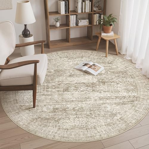 Soalmost Runder Teppich, 182 x 152 cm, Vintage-Stil, rutschfest, für Esszimmer, Schlafzimmer, 180 cm, Braun