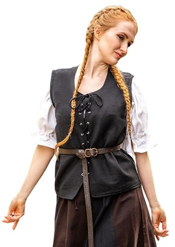Leonardo Carbone® Damen Weste Franziska | Schnürung Vorne | Bewegungsfreiheit | Karneval, Halloween, Cosplay, LARP, Mittelalter, Kostüm, Jacke, Mantel | 100% Baumwolle Schwarz L