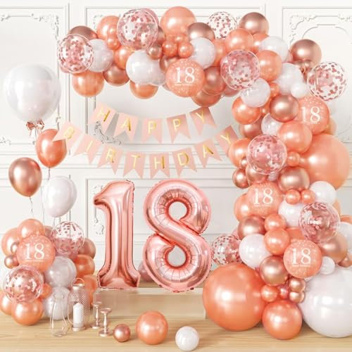 18th Birthday Decorations for Women, Rose Gold Balloons Garland Arch Kit Party Decorations with Number 18 Foil Balloon Happy Birthday Banner, Rose Gold Decor for 18th Birthday Party