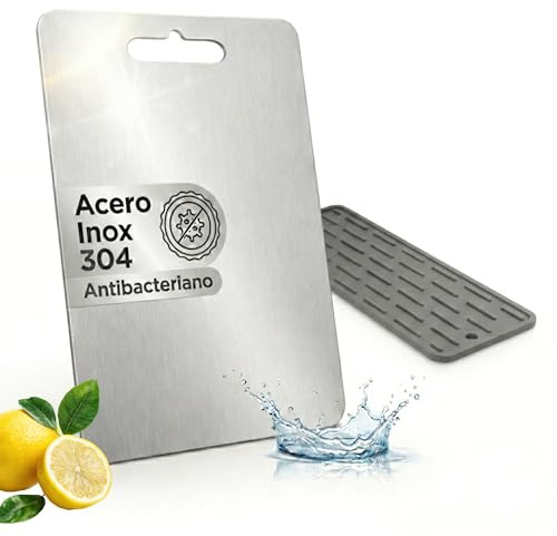 Persavibe Tabla de Cortar Acero Inoxidable 34x23 con Alfombrilla | Higiénica y sin olores • Doble cara • Evita contaminación cruzada • Apta para lavavajillas • Alfombrilla de secado incluida