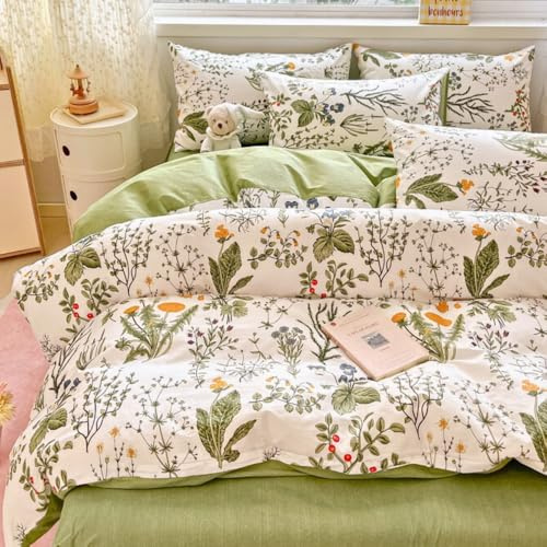 Nayoroom Bettwäsche 135x200 Baumwolle Grün Blätter Bunt Blumen Bettbezug | Frühling,Mädchen,100% Baumwoll,Deckenbezug,Aesthetic,ÖKO-TEX,Landhausstil,Wende,Kissenbezug 40x80 cm,Reißverschluss,2teilig