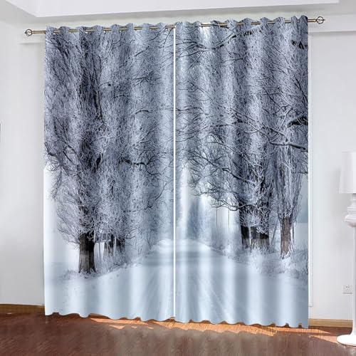 Lirzxin Gardinen Abdunkelnd 229 cm Lang, Vorhänge Verdunkelung mit Ösen 2er Set Hellgrau Schnee Bäume Pfad Landschaft Vorhang für Schlafzimmer Kinderzimmer Wohnzimmer, 244x229 cm(BxH)