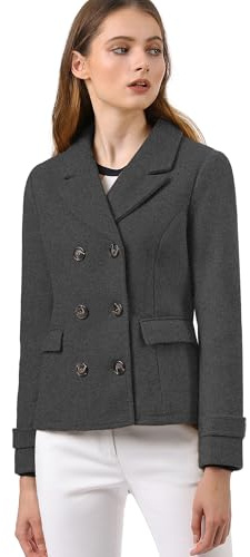Allegra K Women's Notched Lapel Double Breasted Pea Coat Dark Gray M