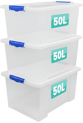 Optimal Products 3 x Storage Boxes With Clip Lock Lids Litre Heavy Duty Clear Stackable Lockable Multipurpose Plastic Storage Box Indoor Outdoor Containers Home,Office,Kitchen,Garage (3 x 50 Litre)