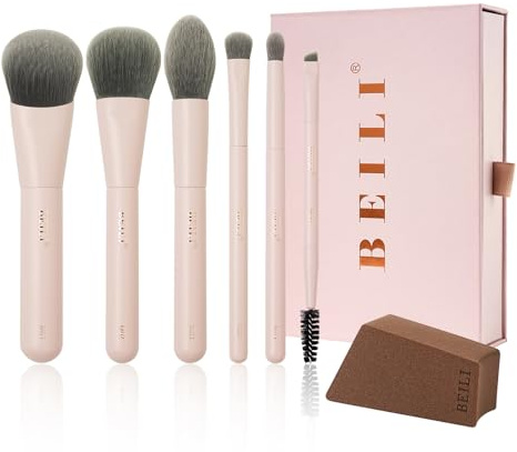 BEILI Lot de 6 mini pinceaux de maquillage portables pour poudre, surlignage, fard à paupières, contour, sourcils, cils et poils synthétiques (rose)