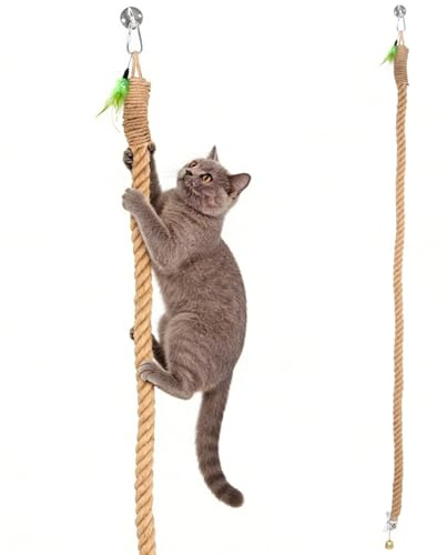 Corde d'escalade pour chat en chanvre naturel de 2 m avec plume et clochette dorée – Fixation murale ou au plafond – Corde de jeu pour intérieur/extérieur
