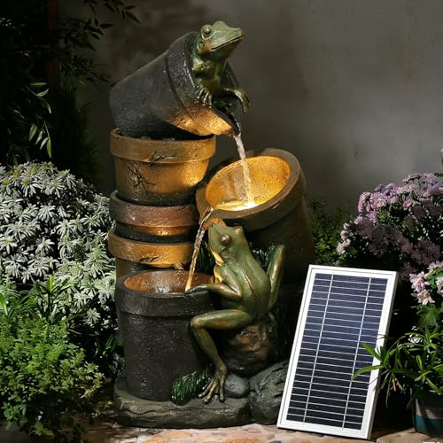 Bumilgar 3-Tier Pot Frog Outdoor Solar Water Features, 69CM Garden Water Fountain With Led Lights, Resin Freestanding Waterfall For Garden, Terrace, Backyard, Deck, Porch And Home Decor