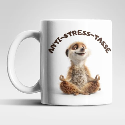 Anti Stress Tasse Erdmännchen – Lustige Kaffeetasse 325 ml aus Keramik mit „ANTI-STRESS-TASSE“, süßes Tiermotiv, Geschenkidee für Büro, Kollegen & Tierfreunde