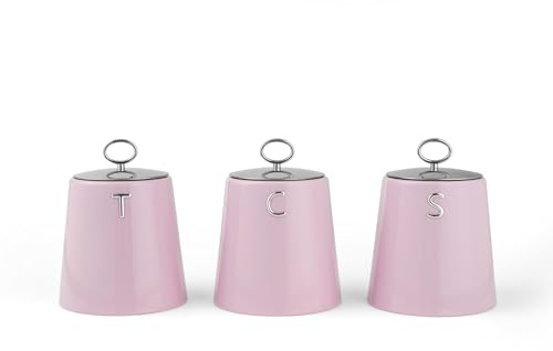 Salter Retro Pink 3-Piece Canister Set– Tea, Coffee & Sugar Canisters, Dry Food Storage Containers, Durable Steel, Stylish Embossed Lettering