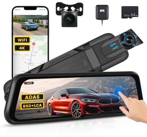 Realdio Dashcam Coche Espejo Retrovisor 4K, Delantera y Trasera, WiFi, GPS | Pantalla Táctil 9,66, Tarjeta 64GB Incluida, Sensor G, Visión Nocturna, ADAS con BSD, Aparcamiento 24h