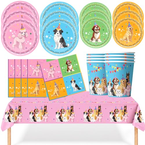 YESAH 53P Pet Dog Tableware Set,Paper Dinnerware Pack for Birthday | Includes Plates,Cups,Napkins and Reusable Tablecloth for 16 Guests,Birthday,Garden Party and Celebration Decor