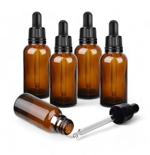Bee Beautiful - Botella de Cristal ámbar de 50 ml con pipeta cuentagotas de Cristal Transparente (5 Botellas de 50 ml)
