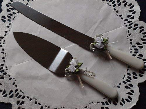 P&D Tortenbesteck mit Rosen/Röschen in weiß, 30 + 25 cm für Hochzeit/Taufe / Jubiläum