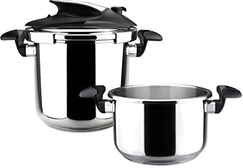 MAGEFESA NOVA Olla a presión super rápida de fácil uso, acero inoxidable 18/10, apta para todo tipo de cocinas, incluido inducción. Acero inoxidable, fondo termodifusor IMPACT BONDED BOTTOM, excelente distribución del calor, 5 sistemas de seguridad, ahorra hasta un 70% de energía (4L + 6L)
