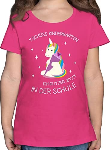 T-Shirt Mädchen - Einschulung - Tschüss Kindergarten Einhorn - 128 (7/8 Jahre) - Fuchsia - 1.klasse Tshirt Schulanfang Shirt 1 Schultag Kita t Shirts einschulungsshirt einschulungsshìrts