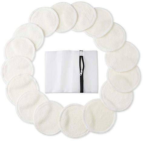 Bamboo Makeup Remover Pads (16 Pack), 2 Layers 3.15inch Reusable Organic Bamboo Cotton Rounds with Laundry Bag, Washable Facial Cleansing Cloths for Eye Makeup Remove Wipe