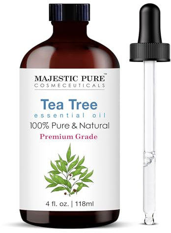 MAJESTIC PURE Tea Tree Essential Oil with Glass Dropper | 100% Pure and Natural Tea Tree Oil | Premium Grade Essential Oils for Diffusers, Skin, Aromatherapy, Massage | 4 Fl Oz