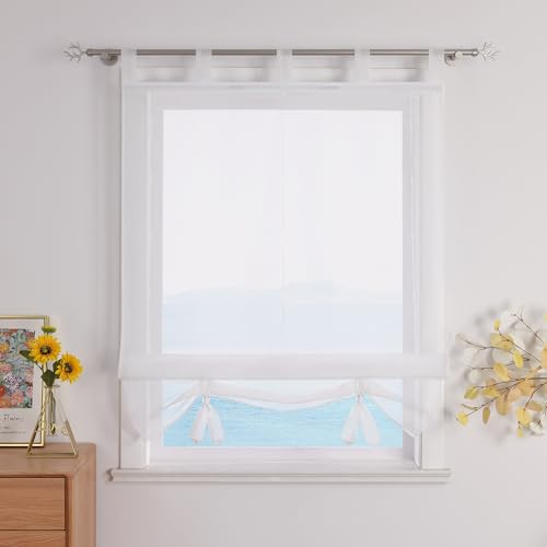 ESLIR Raffrollo mit Schlaufen Gardinen Küche Raffgardinen Transparent Schlaufenrollo Vorhänge Modern Voile Weiß BxH 80x155cm 1 Stück