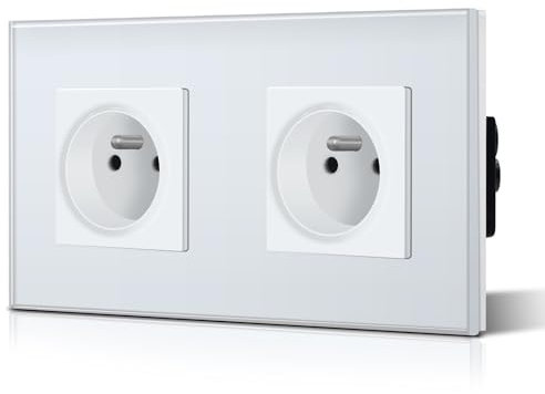 BSEED Prise Murale Prises de courant Alternatif 2 Gang Cadre en Verre Trempé Norme Française 16 Amp 240V 157mm Blanc