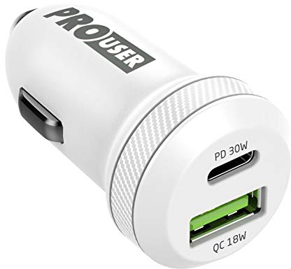 Pro User Dual-USB Car Charger 24W: kleines Design KFZ Ladegerät mit PD und USB QC 3.0 Ausgang – stylischer Adapter für den Zigarettenanzünder (Weiss)