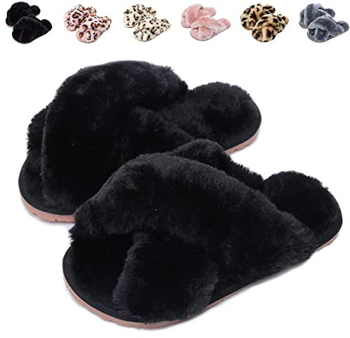 Pantofole Peluche Donna Ciabatte Invernali Pelose Bambina Scarpe da Casa Donna Comode Calde Aperta Slippers Nero EU 35/36 (Dimensione Etichetta 36/37)