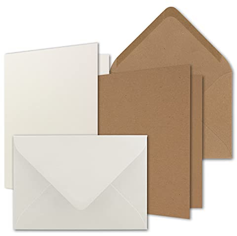 30x Karten-Set DIN B6 - Naturweiß - Kraftpapier Braun - 12 x 17 cm Faltkarten mit Umschläge - 2 Farben - Nassklebung