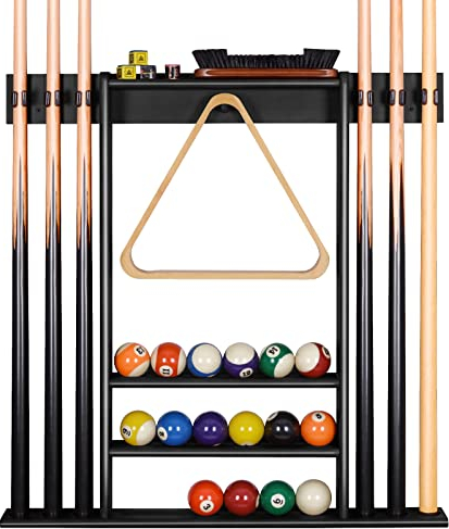 Support de Queue de Billard, Support Mural de Baton de Billard avec Support de Rangement, Bois Massif, Support de Billard 6 Trous et 15 Porte-balles, pour Centre de Divertissement de Gym
