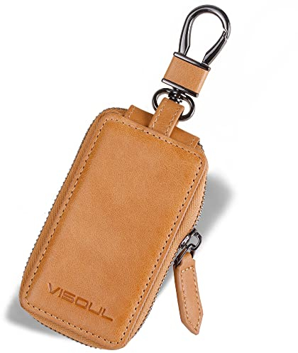 VISOUL Echt Leder Schlüsselanhänger Schlüsseltasche Auto Schlüssel Anhänger Antik Vintage Karabienerhacken Tasche Reißverschluss D02 Tan