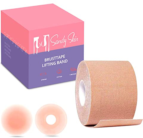 Sandy Skin® Premium Boob Tape + GRATIS 5 Paar Nippelpads | Busentape - Brust Tape – Klebe Push-Up BH – Booby Tape für große Brüste – Rückenfreier BH für Brüste – Klebe-BH