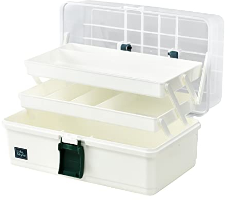 Calogy 13in Lidded Storage Bins, Storage Box, 3 Layer Multifunctional Plastic Organizing Box with Handle, Fits for Medicine, Art Supply, Makeup, Nail, Sewing, and Kitchen Gadget (White)