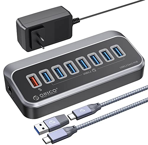 USB Hub, ORICO Adaptador USB a 7 Puertos de Transferencia de Datos de Alta Velocidad y un Puerto de Carga Inteligente, 0.5m Cable USB C a C y Adaptador USB A, USB C Hub para MacBook, Mac Pro/Mini