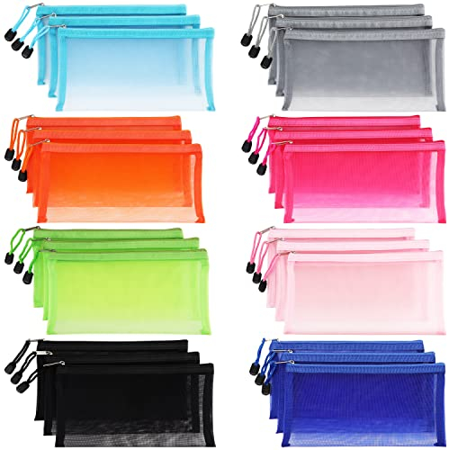 Belle Vous Confezione da 24 Buste Trasparenti con Chiusura - Bustina Porta Documenti - 8 Colori - Borse per Accessori da Viaggio, Cosmetici, Scuola/Ufficio, Penne/Matite o Portafogli
