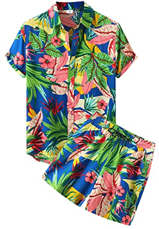 QWUVEDS Herren Sommer Hawaii Bedruckter Anzug Zweiteiler Kurzarm Umlegekragen Hemdtasche Shorts Anzug Anzugkoffer