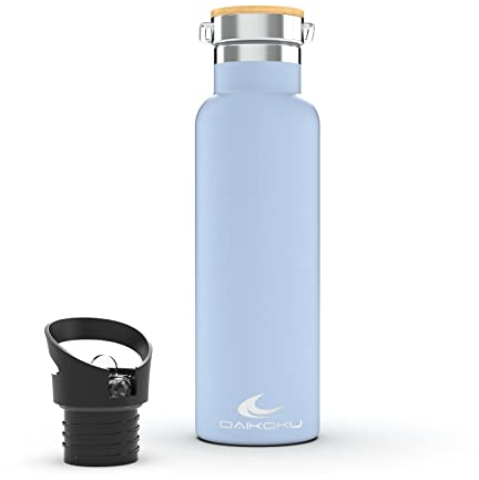 Daikoku Bouteille, Bouteille Thermique en Acier Inoxydable à Double Paroi, Garde la Boisson Froide ou Chaude Pendant des Heures, Deux Bouchons, Bleu Ciel, 500 ML