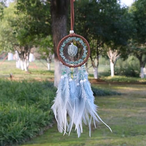 Handgefertigter Auto Rückspiegel Charms,Traumfänger Dreamcatcher Feder Wandbehang Kristallstein Auto Innen Rückspiegel Hängende Ornament Fensterdeko Baby Shower Car Hochzeit Home Decor Geschenk
