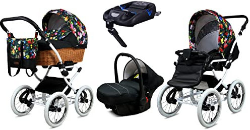 BabyLux Kinderwagen 4in1 mit Autositz für Kleinkinder – Kinderwagen für Neugeborene und Kleinkinder –– Baby Neugeborenen Kinderwagen – ISOFIX Autositzbasis – Max 15kg – Garden Flowers White Frame