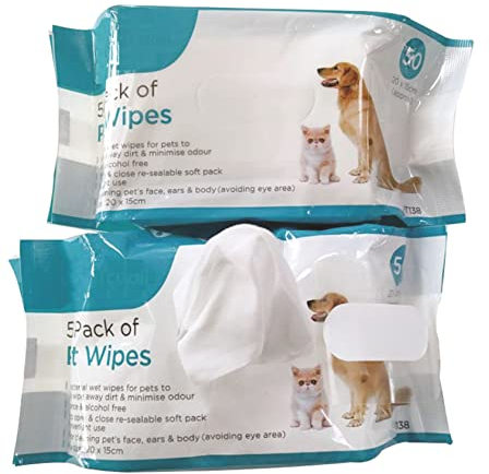 Truoli Pet Wet Wipes Dog Cat All Purpose Cleaning Antibacterial Wipe Fragrance and Alcohol Free. (2 Pack (100 Wipes))