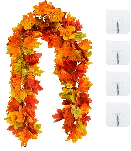 2 Piezas Hoja de Arce Artificial Hojas Otoño Decoracion Halloween y 4 Piezas Conectar,Otoño Plantas Colgantes para Fiestas de Gracias,Navidad,Verde,marrón y Amarillo,175cm