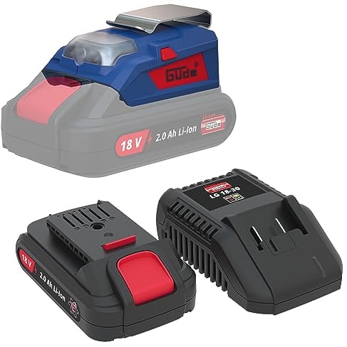 Güde Akku USB-Adapter und Licht UAL 18 (18 V, USB Anschluss (Typ A) zum Laden elektr. Geräte, Taschenlampen-Funktion mit LED-Licht, inkl. Schnellladegerät & 2,0Ah Akkupack Starter-Kit LGAP 18-3020)