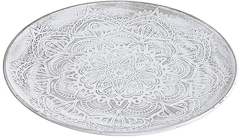 matches21 Bonita bandeja de madera en estilo boho – redonda Ø 39 cm para decoración de mesa – Vintage en blanco con bonitos adornos