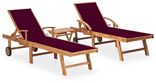 ZEYUAN Sonnenliegen 2 STK. mit Tisch und Auflagen, Gartenliege, Strandliege, Saunaliege, Relaxliege, Campingliege, Poolliege, Liege Garten, Massivholz Teak