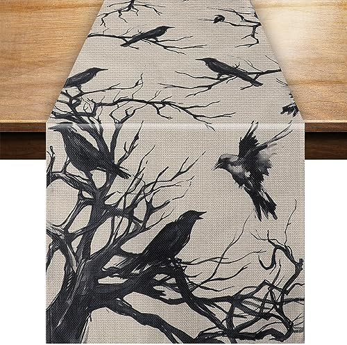 Halloween Tischläufer, 33x183cm Schwarzer Silhouettenbaum Rabe Halloween Tischläufer Halloween Deko Tischdecke für Küche Esstisch Zuhause Mottoparty