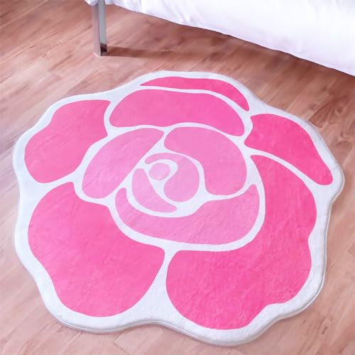 BelugaDesign Tapis à fleurs | Tapis rond en forme de rose pastel blanc pastel mignon kawaii en forme de rose pour enfants, femmes, adolescents, salon, chambre à coucher (rose, taille L)
