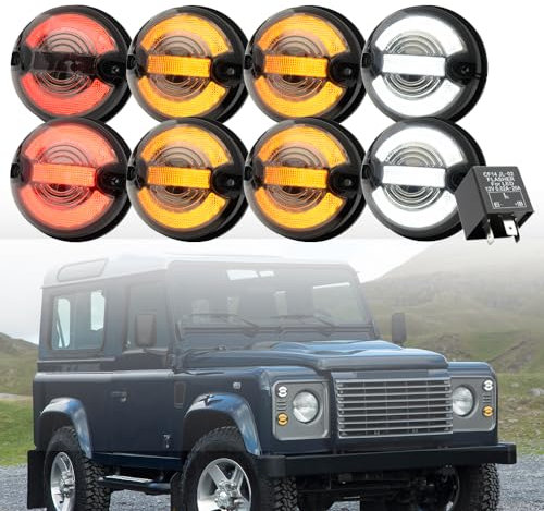 NSLUMO Halo-Licht-Update-Kit für Lan.d/R.over Defender 90 110 130 95–2016 vorderes LED-Positionslicht Blinker Seitenblinker Rückwärtsbremse Stopp-Rückfahrleuchte 73mm 8pcs Geräucherte Linse