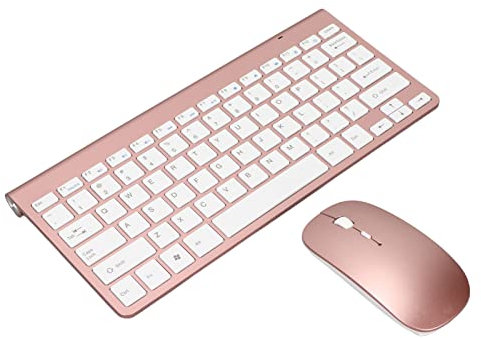 Juego de Teclado Inalámbrico y Ratón, Teclas Finas con Revestimiento UV, Botón de Silencio con Receptor USB 2,4G, Adecuado para Computadoras de Escritorio, (Oro Rosa)