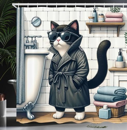 ABAKUHAUS Katze Duschvorhang, Mysteriöser Detektiv Kätzchen Charakter im Badezimmer mit Sonnenbrillen Klassischer Mantel, Stoffliches Gewebe mit Haken, 175 x 200 cm, Anthrazitgrau, Weiß