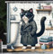 ABAKUHAUS Katze Duschvorhang, Mysteriöser Detektiv Kätzchen Charakter im Badezimmer mit Sonnenbrillen Klassischer Mantel, Stoffliches Gewebe mit Haken, 175 x 200 cm, Anthrazitgrau, Weiß
