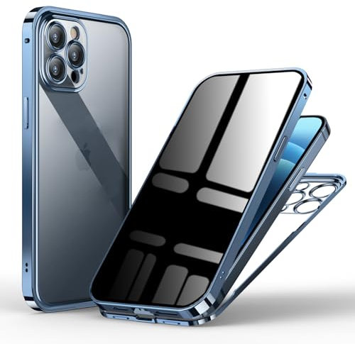 WEYNRBOX Privacy Case for iPhone 12 Pro,Magnetic Double-sided Tempered Glass Case with Anti-peeping Screen Protector,Front & Back Metal Bumper/360 Full Cover Anti-Spy Phone Case for 12 Pro,Clear Blue